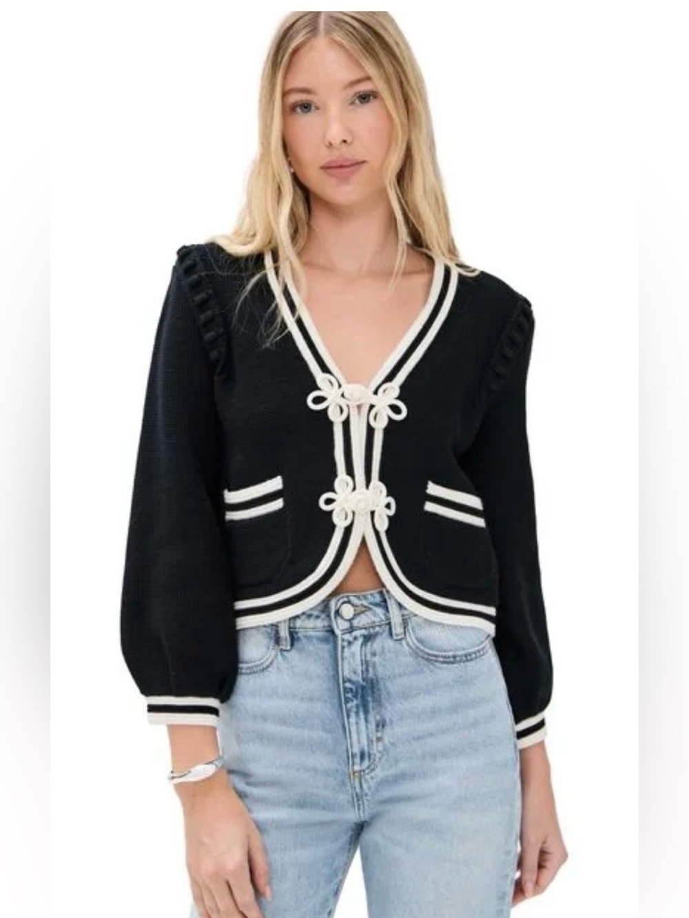 L’Agence Black/Ivory Kaito Cropped Cardigan S NWT MSRP $475